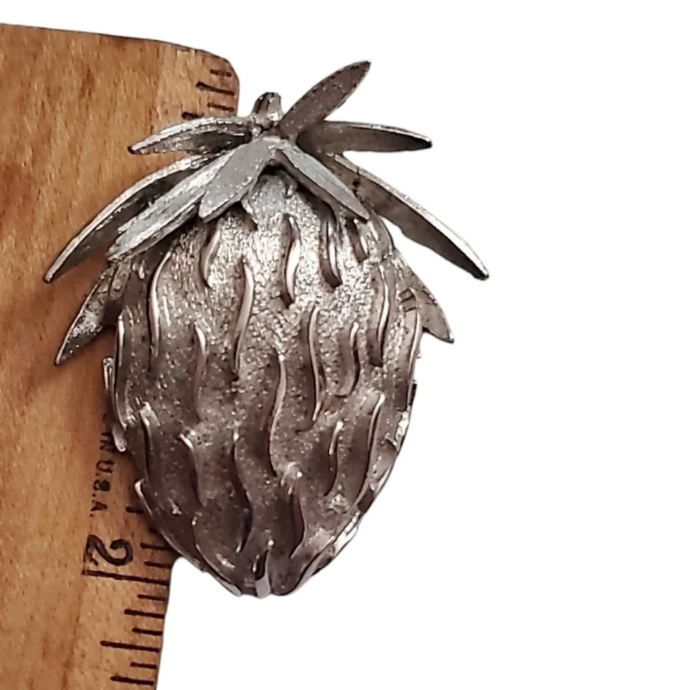 Mid Century 1960 Silver Tone Summer Strawberry Brooch Vintage Fashion Jewelry